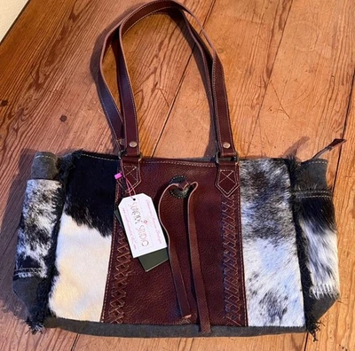 MYRA ROSALINDA CROSS STITCHED CANVAS & HAIRON BAG  (NWT) Leather Tote Bag - Image 1 of 4