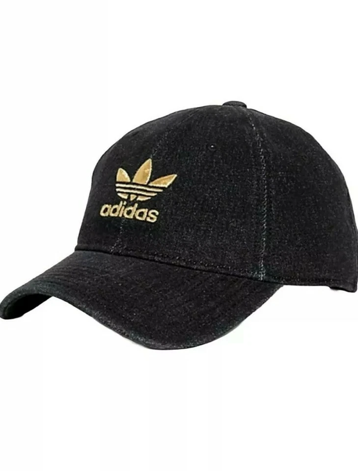 adidas Womens Black Denim Gold Trefoil Strapback Hat One Size 141782c