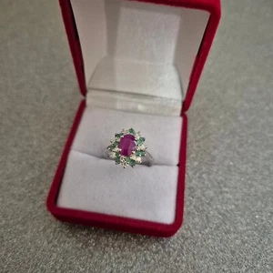 John Saul Ruby, Emerald & Moissanite Ring in platinum over Sterling silver 'K' - Picture 1 of 4