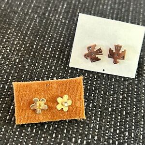 Stud Earring Lot Of 2 Pr Tiny Flower Native Eagle Copper Gold tone Topaz Center