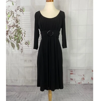 Julian Taylor 8 Dress Black Stretch Jersey LBD 3/4 Sleeve Pleated Scoop Neck EUC - Image 1 of 4