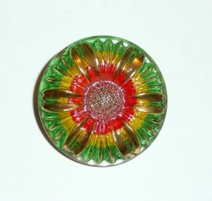 Pretty Czech Glass Flower Shank Button - 28mm Flower Button Green / Yellow / Red - Picture 1 of 9