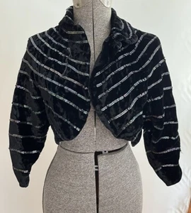 Antique Black Velvet Vintage Victorian Shrug Sequins XSmall In Great Condition - Imagen 1 de 18