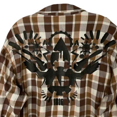 Artful Dodger Mens 2XL Brown Tan Plaid Embroidered Black Long Sleeve Epaulet - Image 1 of 4