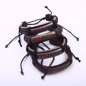 I Love Jesus Leather Bracelet Christian Cuff Adjustable Fit Draw String 1SZ - Bild 1 von 6