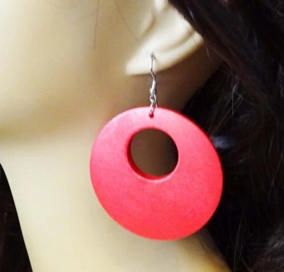 LARGE CIRCLE WOOD BOHEMIAN EARRINGS 2.25 INCH HOOP EARRINGS LIGHTWEIGHT ASSORTED - Image 1 of 4