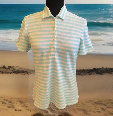 Camisa polo feminina Loro Piana Itália 46 EUA 10 listrada azul branca algodão nova - Imagem 1 de 4