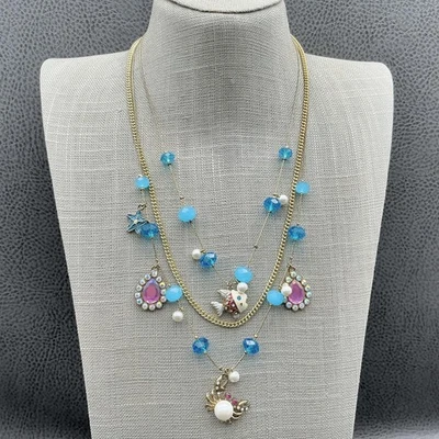 Betsey Johnson Ocean Charms Layered Necklace Starfish Fish Crab Gold Tone Blue - Image 1 of 4