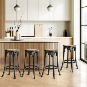 Oikiture Set of 4 Bar Stools Kitchen Vintage Dining Chair Rattan Seat Black - Picture 1 of 10