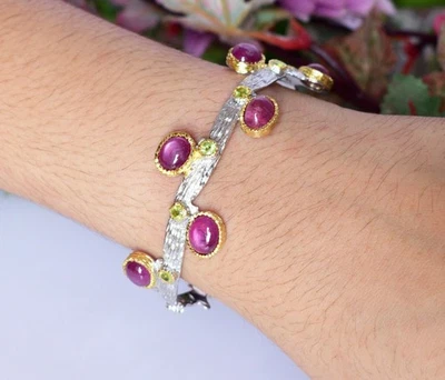 Bracciale donna argento sterling 925 pietra preziosa rubino ovale gioiello... - Immagine 1 di 4