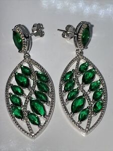 Stunning Sterling Silver Emerald Stone  Dropper Earrings & Gift Pouch