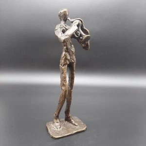Vintage Brutalist Cast Bronze Metal Figurine Man Playing Trumpet MCM 8" - Picture 1 of 8