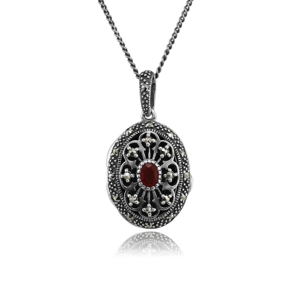 Art Nouveau Stile Ovale Corniola E Marcasite Medaglione Collana Argento Sterling - Immagine 1 di 1