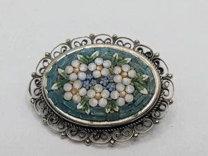 Vintage Micro Mosaic FLowers  Inlay Brooch Pin Silver Tone - Italy - Picture 1 of 7