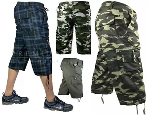 New Mens 3/4 Long Length Shorts Elasticated Waist Cargo Combat Three Quarter 3/4 - Picture 1 of 32