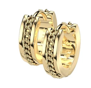 Stainless Steel Hoop Hinged Earrings Pair 18GA Earring Cuban Chain Center Gold - Picture 1 of 3