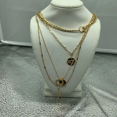 Noir Womens Gold Tone Round Coin Key Pendant Multi Layered Chain Choker Necklace - Imagem 1 de 4