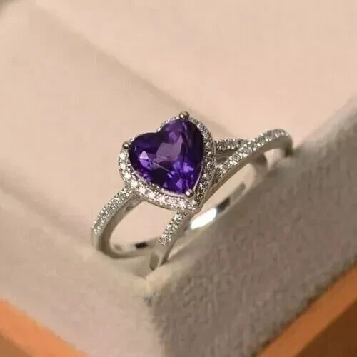 14K White Gold Plated 2Ct Heart Cut Lab Created Amethyst Women's Bridal Ring Set - Image 1 of 4