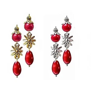 Earrings red pearl and flower charm drop, choose clip on or pierced - Photo 1/3