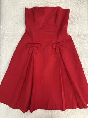 Vestido David Meister Rojo Hasta la Rodilla Plisados Lazos Sin Tirantes y2k Foto 1 de 4