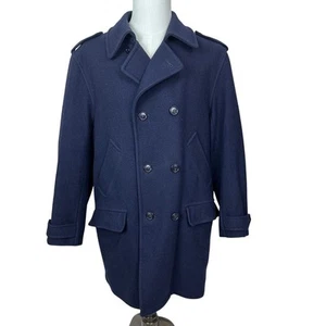 London Fog Men's Blue Wool Blend Car Trench Pea Coat Jacket Double Breast Canada - Picture 1 of 6