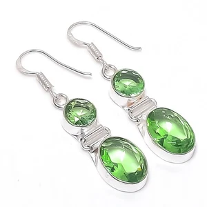 Green Tsavorite  Gemstone 925  Sterling Silver Jewelry Earrings Size 1.8" - Picture 1 of 1