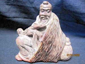 Vintage Small Chinese Soap Stone Carving Man with Smoking Pipe 3.5in by 3.5" - Picture 1 of 3