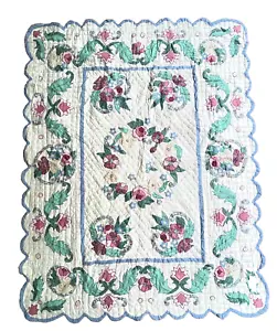 Vintage Pink Floral Green Leaf Scalloped Edge Quilt Blanket Twin Full Queen - Picture 1 of 19