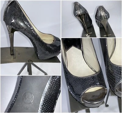 Michael Kors Tacones Brillo Stiletto 8.5 M Gris 5” Tacón Usado Una Vez YGI J2S-9 Foto 1 de 4