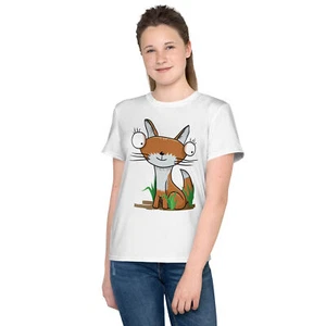Cute Cartoon Fox Youth Crew Neck T-shirt Girl Boy - Picture 1 of 8