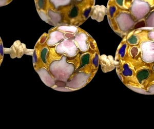 ATQ/VTG Cloisonné  Bead Necklace 30" Gold Pink Green Enamel, Slide Clasp Chinese - Picture 1 of 5