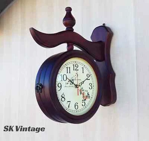 Double Sided Black wooden Wall Clock Antique Style station Christmas Decor Gift - Picture 1 of 5