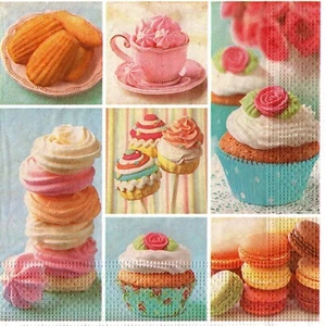 Serviettes en papier patisseries madeleines macarons cup cakes. Napkins pastries - Picture 1 of 1