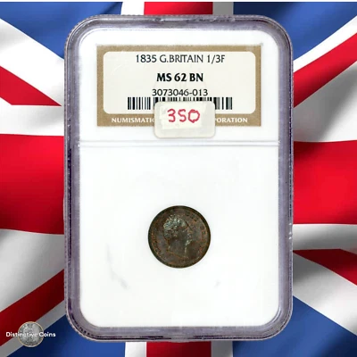 Great Britain 1835 1/3 Farthing NGC MS62BN - GBS001 - Image 1 of 2