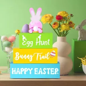 Easter Decorations Indoor Tabletop Colorful Bunny Egg Wooden Sign Gift 4 Pcs - Picture 1 of 12