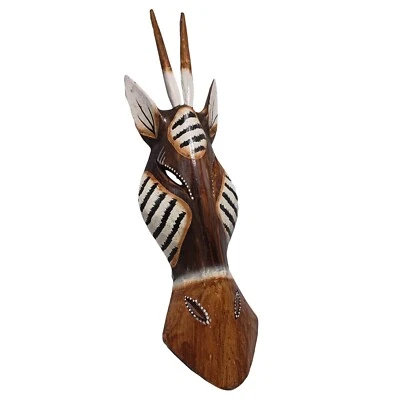 Hanging Safari Wall Sculpture Handcraft Jungle Brown Animal Antelope Wood Mask - Image 1 of 2