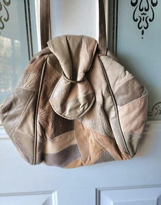 NEW Vintage 80's Genuine Leather Patchwork Crossbody Handbag  Taupe / Multicolor - Picture 1 of 3