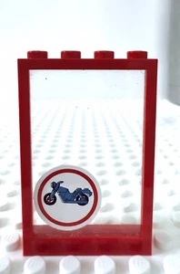 Lego Red Window Frame With Fixed Glass 1x4x5 With Blue Motorcycle Pattern 6373 - Picture 1 of 1