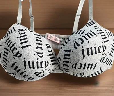 Sujetador JUICY COUTURE 38DD Gris Claro Negro Tejido Logo Con Cable Cobertura Completa Push Up Foto 1 de 4