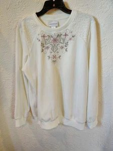 Alfred Dunner Embroidered Rhinestone & Embossed Shoulder Flower Print Sweatshirt - Picture 1 of 7