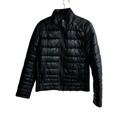 ZARA MAN Chaqueta acolchada negra de cuero sintético acolchada con cremallera completa cuello bolsillos talla L Foto 1 de 4