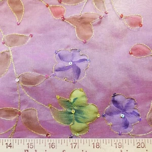 Painted & Embroidered Flowers on Pink Silk Organza w/ Sequins! So Cute!! - Picture 1 of 4