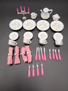 Barbie Vintage Strombecker Tea Set Floral 39 Piece Porcelain Miniature Dollhouse - Picture 1 of 11