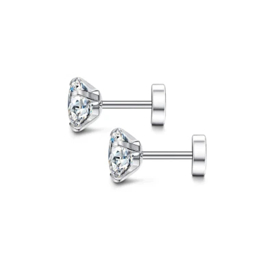 Hypoallergenic Silver Stainless Steel Round CZ Stud Earrings Screw Back PE31 - Image 1 of 4