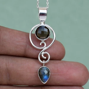Ciondolo pietra quarzo fumè naturale e labradorite unico nel suo genere fatto a mano-P094 - Foto 1 di 1