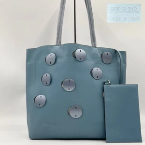 PRADA Grommet Punching Tote Shoulder Bag With Pouch Light Blue Leather - Picture 1 of 10
