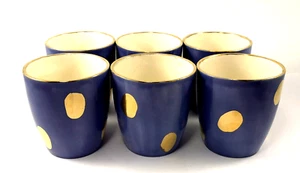 Holland Mold Blue Ceramic Cups Gold Trim and Polka Dots (6) 3.25" H Hobby Piece - Picture 1 of 11