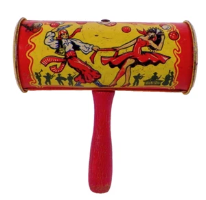 Tin Noisemaker Toy Latin Dancers Rattle Wood Handle Kirchhof #8 Vintage - Picture 1 of 6