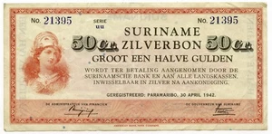 1942 Suriname Zilverbon 50 Ct Cents Currency Note - L948 - Picture 1 of 2