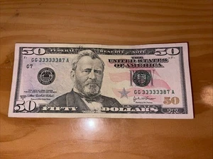 6 Leading 3’s, 3 Digit Serial Number, $50 Fifty Dollar Bill, 33333387 2004A - Picture 1 of 8